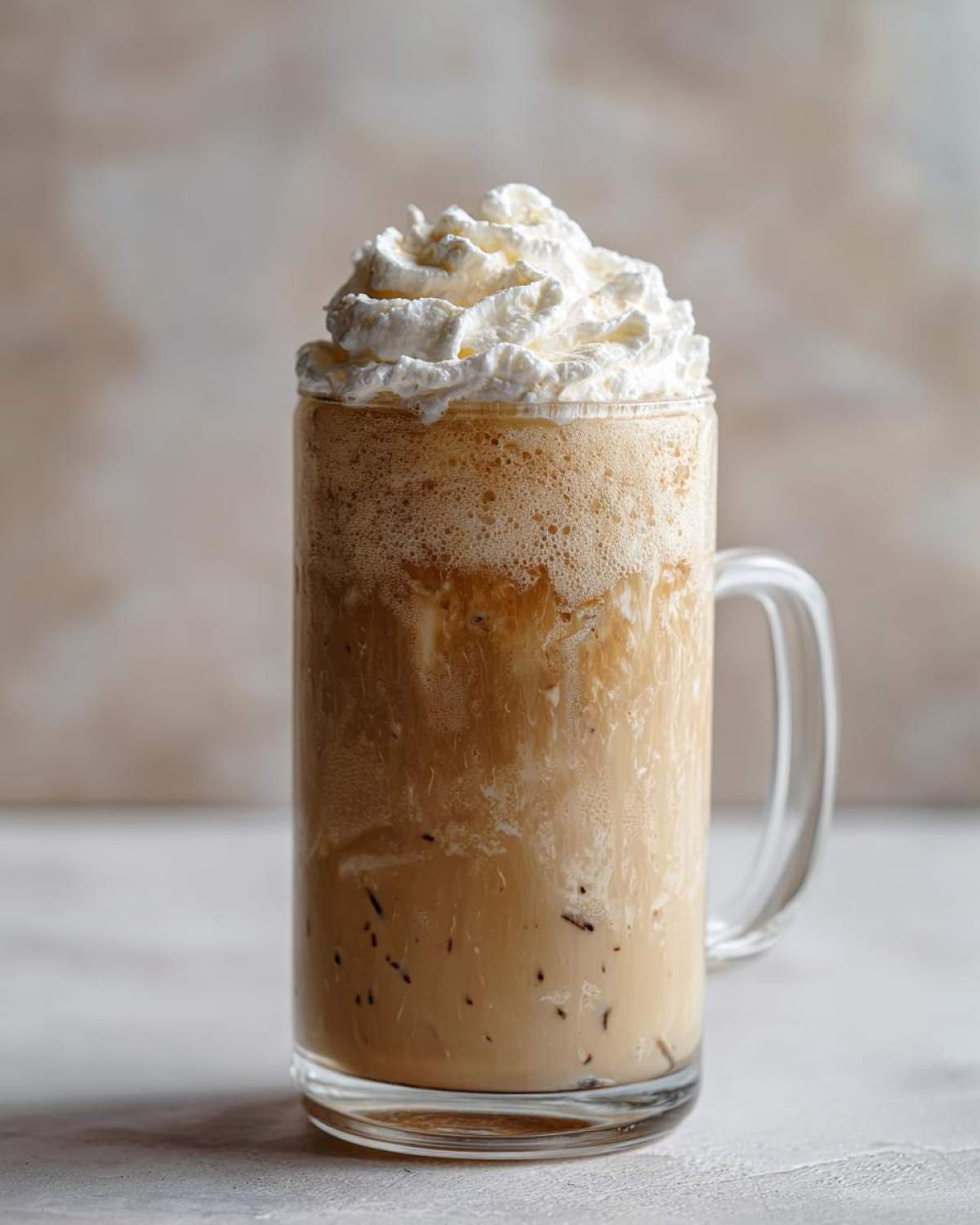 A tall glass mug filled with a frothy Homemade Vanilla Bean Frappuccino, topped high with whipped cream.