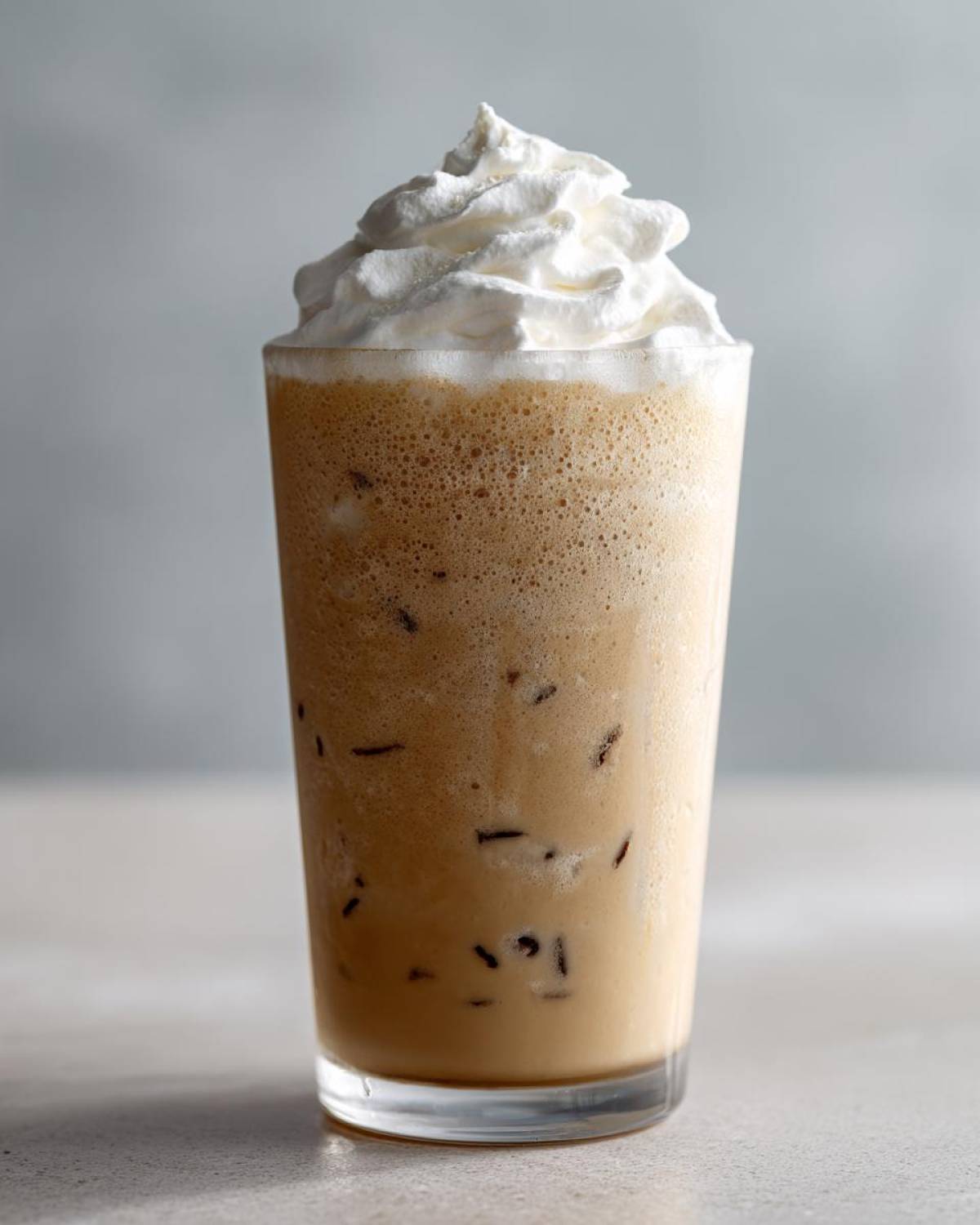 A tall glass of Homemade Vanilla Bean Frappuccino topped with a swirl of whipped cream.