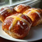 Four freshly baked Hot Cross Buns with Orange Glaze drizzled with white icing, sitting on a white plate.