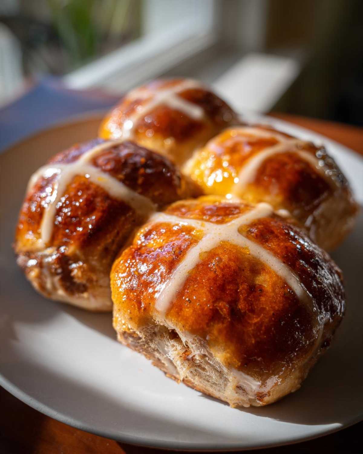 Close-up of four freshly baked Hot Cross Buns with Orange Glaze, featuring a shiny topping and white icing crosses.