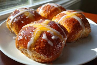 Four freshly baked Hot Cross Buns with Orange Glaze drizzled with white icing, sitting on a white plate.