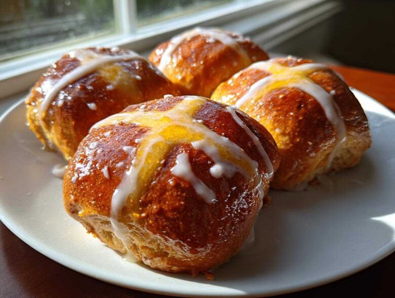 Four freshly baked Hot Cross Buns with Orange Glaze drizzled with white icing, sitting on a white plate.