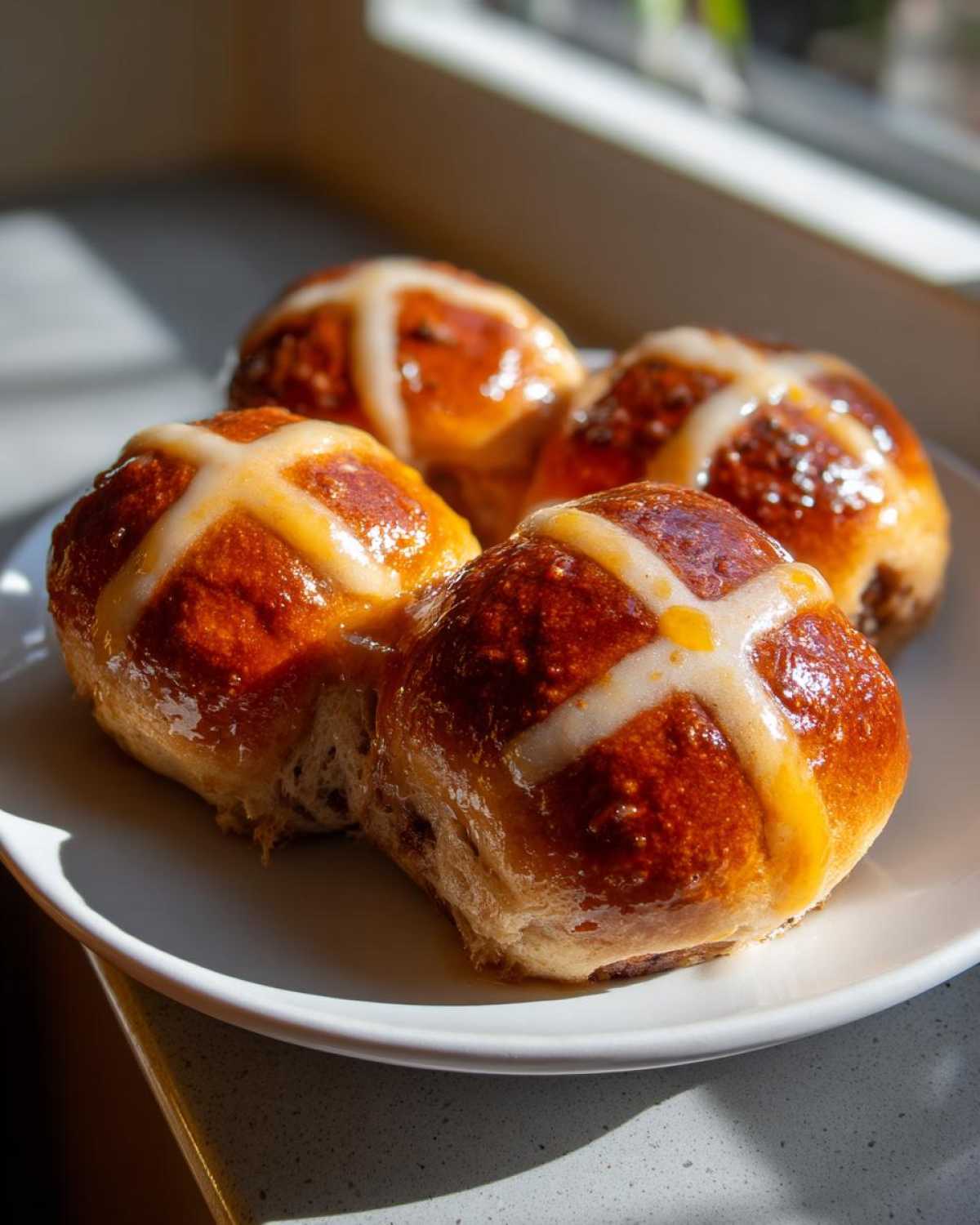 Four freshly baked Hot Cross Buns with Orange Glaze, glistening under sunlight on a white plate.
