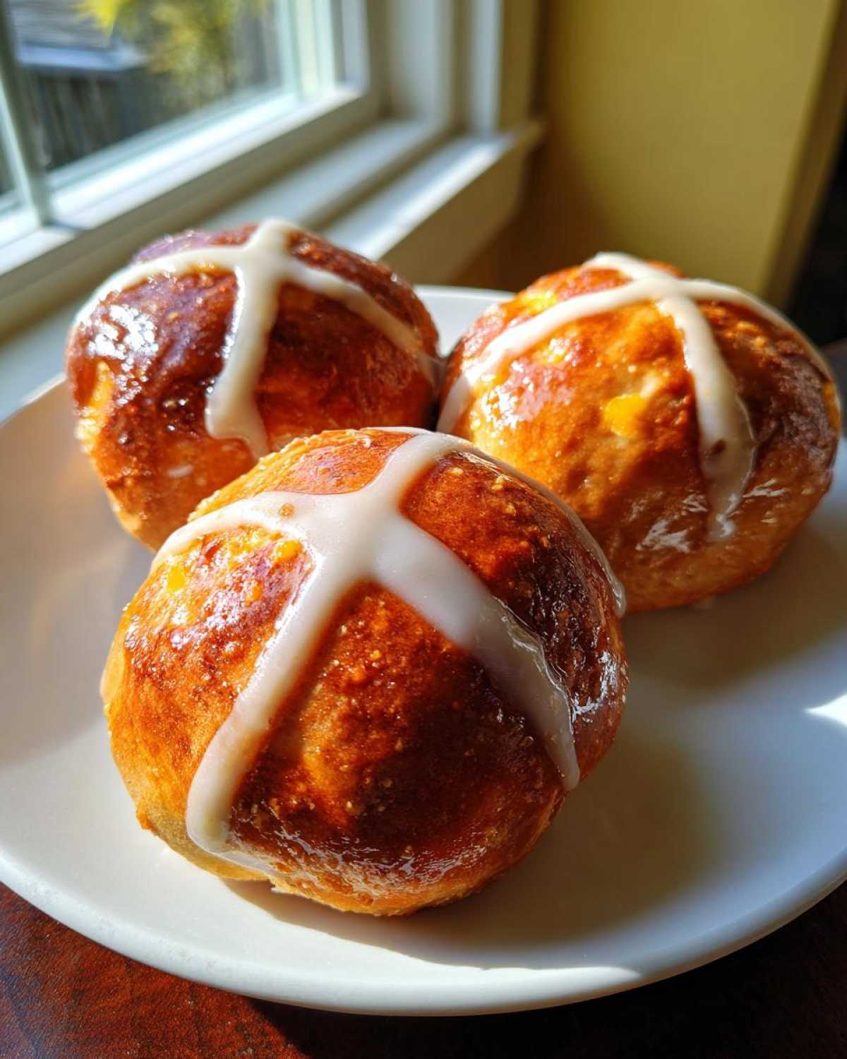 Three freshly baked Hot Cross Buns with Orange Glaze, featuring a shiny glaze and white icing crosses, sitting on a white plate.