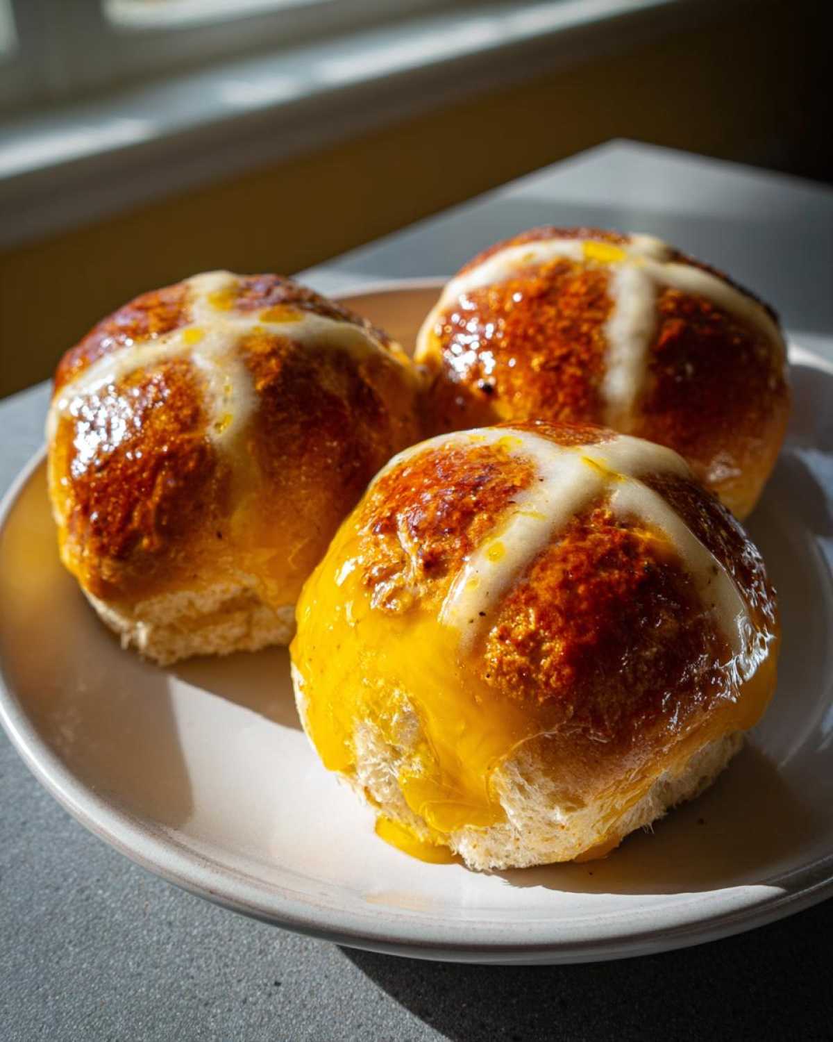 Three freshly baked Hot Cross Buns with Orange Glaze, glistening under sunlight on a pale plate.