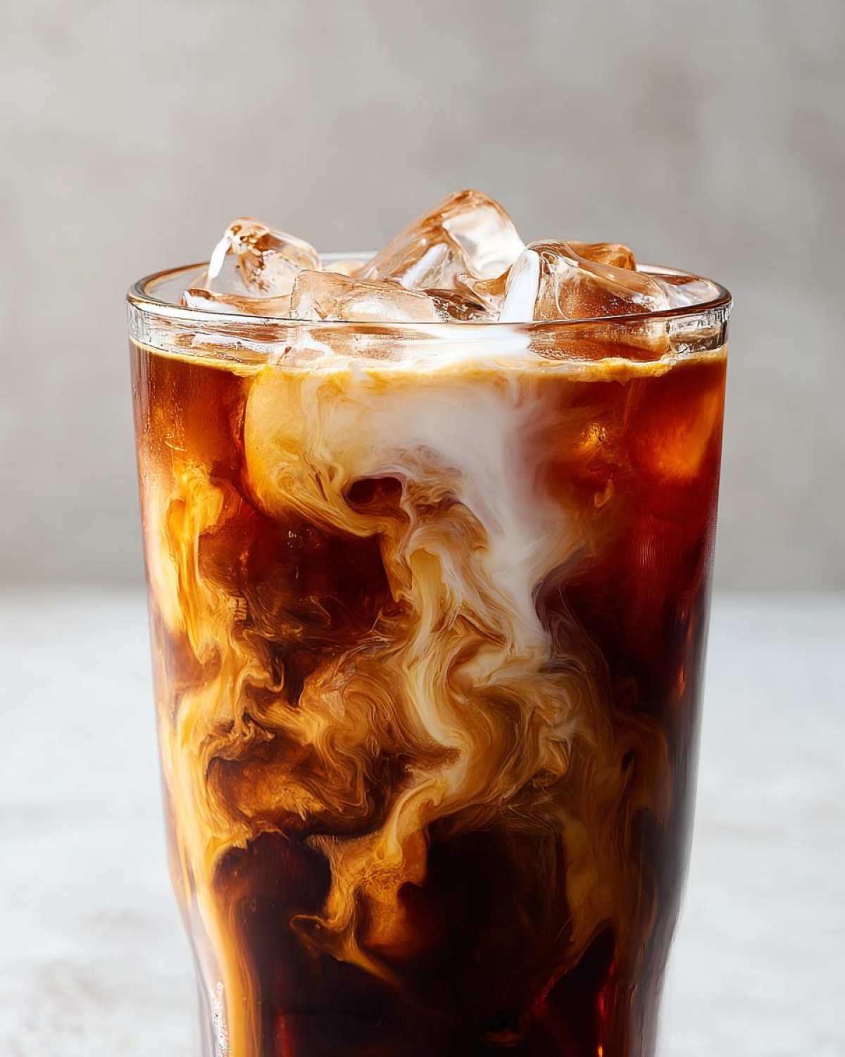 Close-up of an Iced Brown Sugar Oatmilk Latte with ice cubes, showing the oatmilk swirling beautifully into the dark coffee.