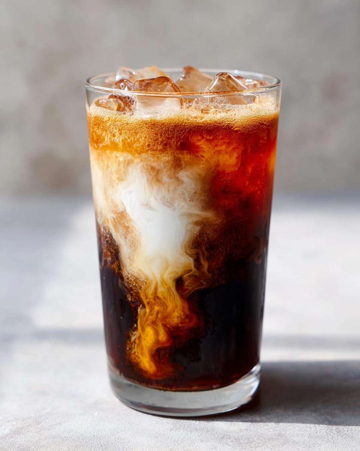Close-up of an Iced Brown Sugar Oatmilk Latte showing the rich swirl of oatmilk mixing with dark espresso and ice.