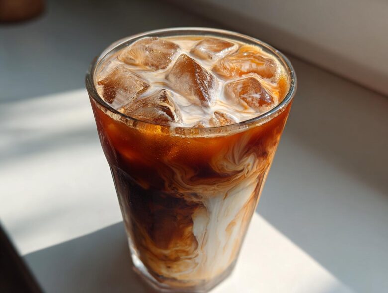 Close-up of an Iced Brown Sugar Oatmilk Latte showing swirling patterns of coffee and oat milk over ice cubes.
