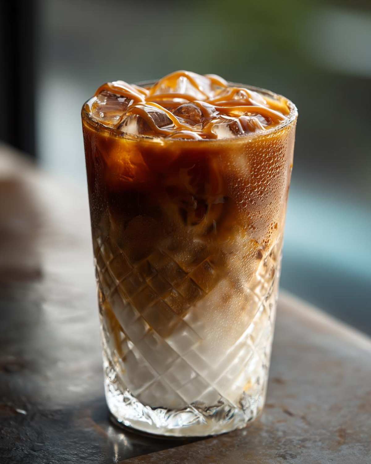 Close-up of a refreshing Iced Caramel Macchiato layered with milk, espresso, and topped with caramel drizzle over ice.