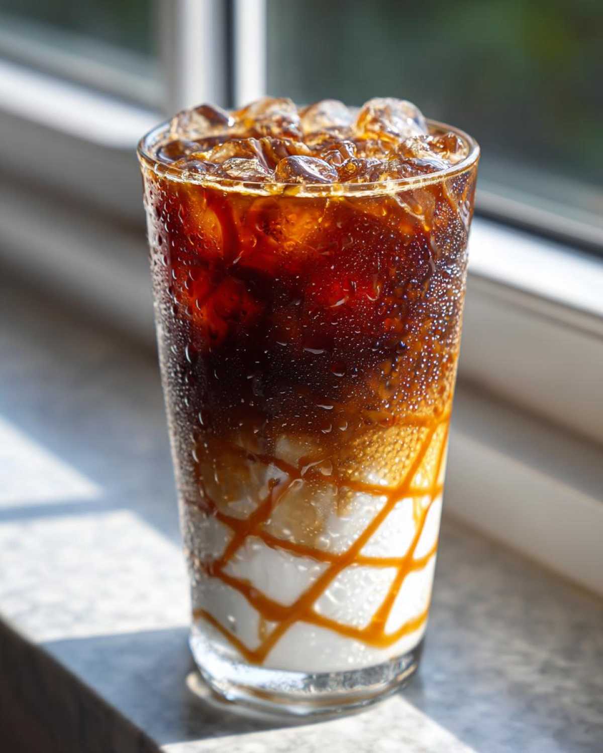 Close-up of a tall glass of Iced Caramel Macchiato showing layers of milk, caramel drizzle, and dark espresso over ice.