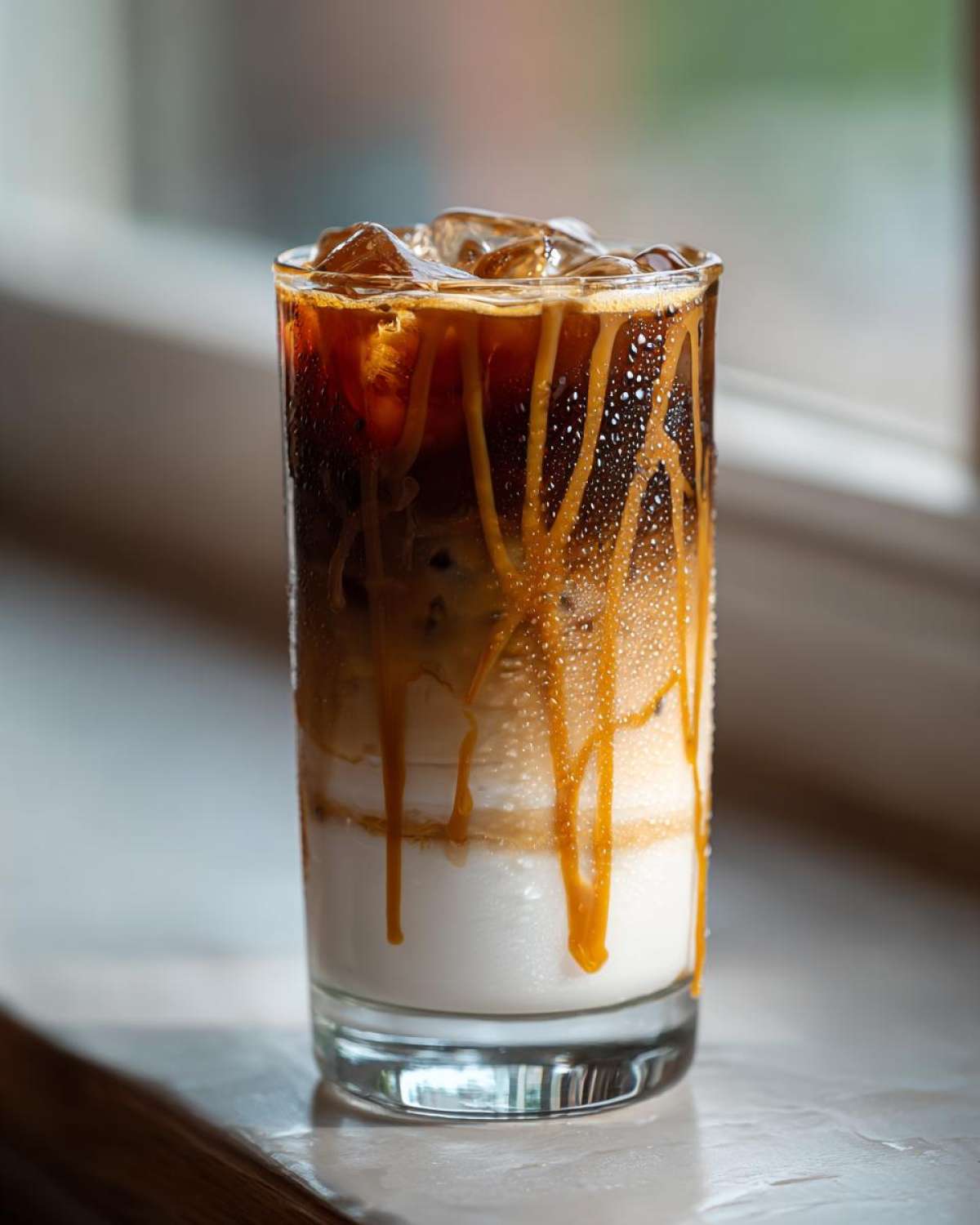 Close-up of a tall glass containing a layered Iced Caramel Macchiato with milk, espresso, ice, and heavy caramel drizzle.