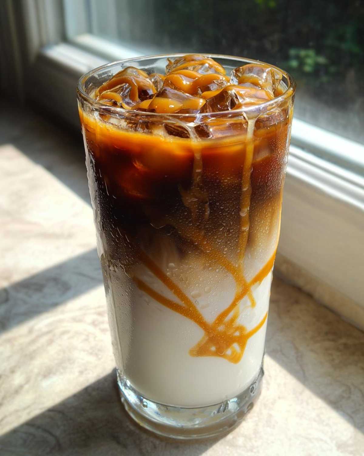 A tall glass showing the distinct layers of an Iced Caramel Macchiato with milk, espresso, ice cubes, and caramel drizzle.