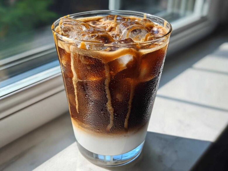 A tall glass of Iced Caramel Macchiato showing distinct layers of milk, espresso, and caramel drizzle over ice.