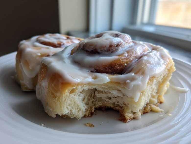 Two fluffy Gluten-Free Cinnamon Rolls covered in thick white icing, one with a bite taken out.