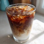 Close-up of a tall glass filled with a layered Iced Honey Almond Milk Latte, showing swirling milk and dark coffee over ice.