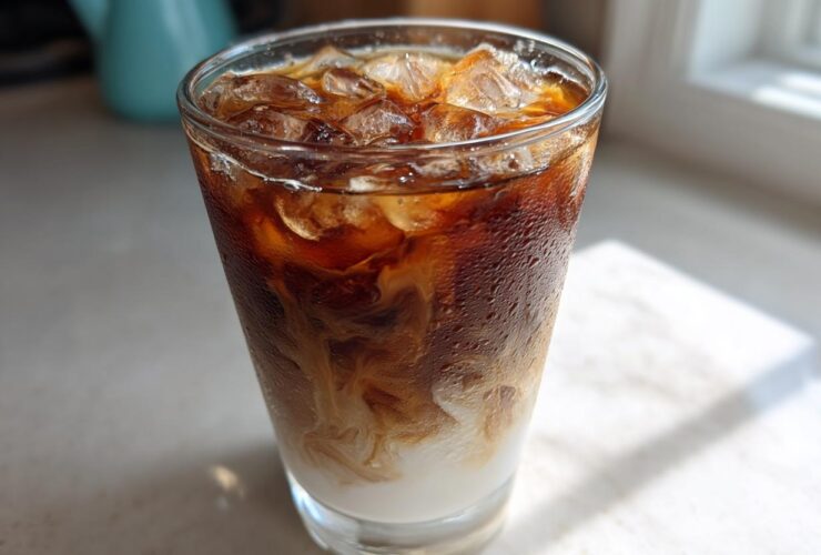 Close-up of a tall glass filled with a layered Iced Honey Almond Milk Latte, showing swirling milk and dark coffee over ice.