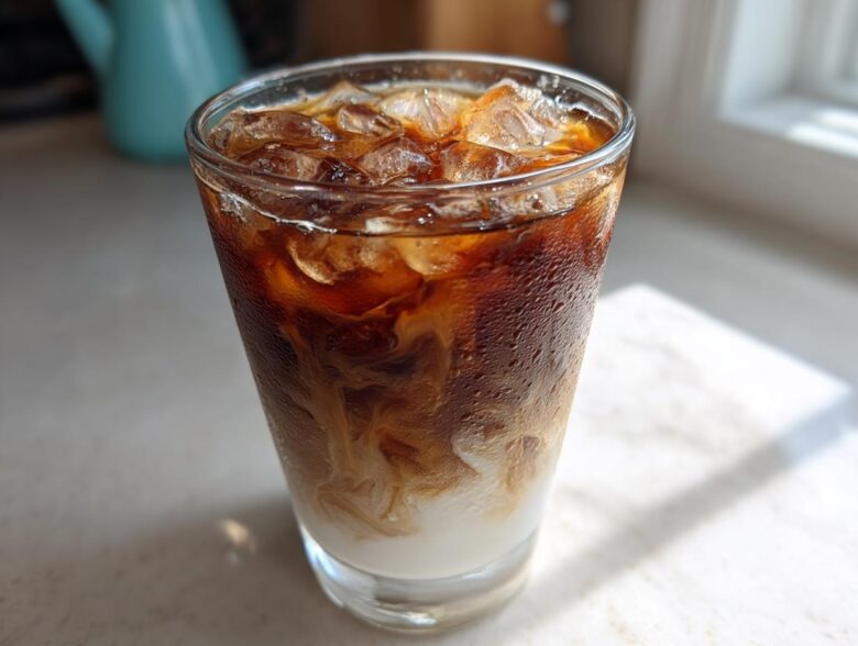 Close-up of a tall glass filled with a layered Iced Honey Almond Milk Latte, showing swirling milk and dark coffee over ice.