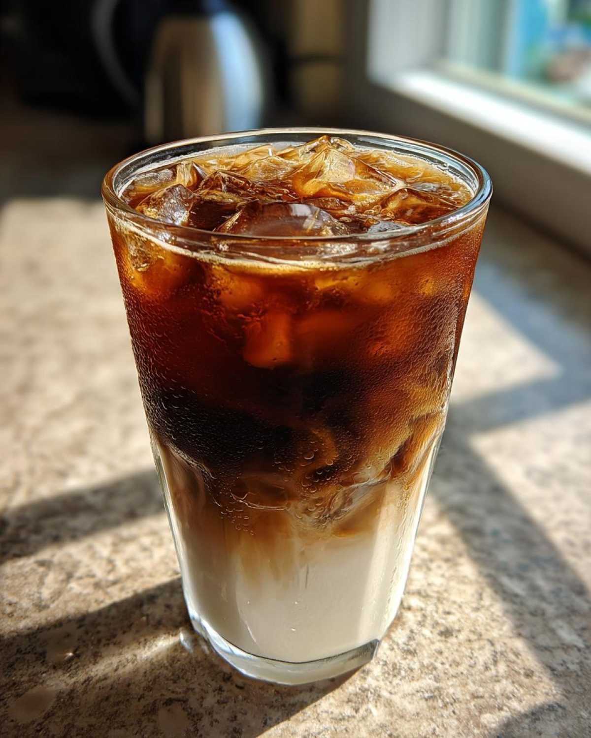 A tall glass of Iced Honey Almond Milk Latte showing layers of milk and dark espresso over ice cubes.