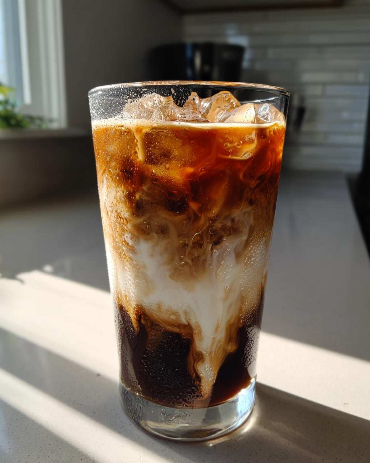 Close-up of an Iced Honey Almond Milk Latte showing rich dark espresso swirling into creamy white almond milk over ice.