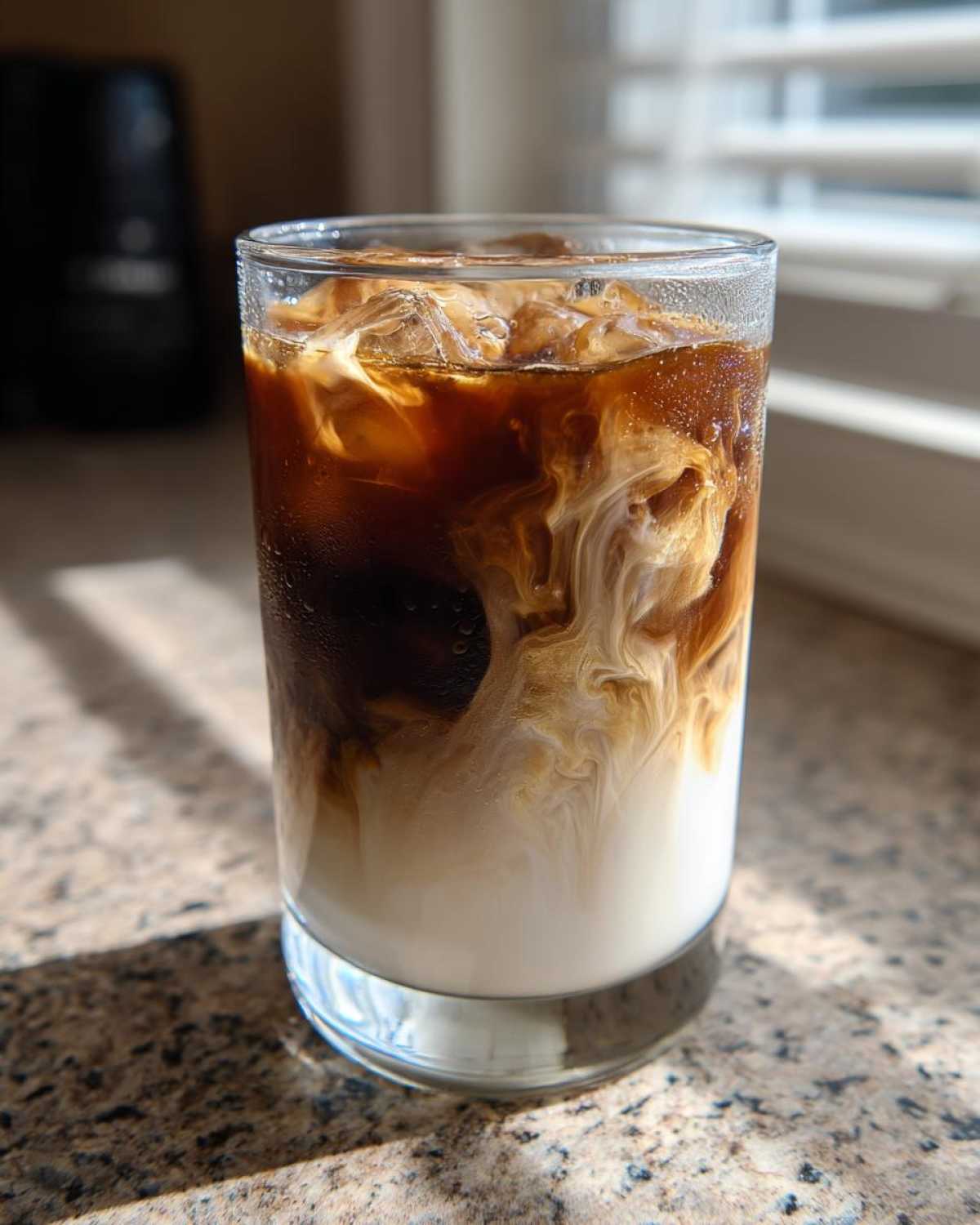 Close-up of an Iced Honey Almond Milk Latte showing dark coffee swirling into white almond milk over ice.