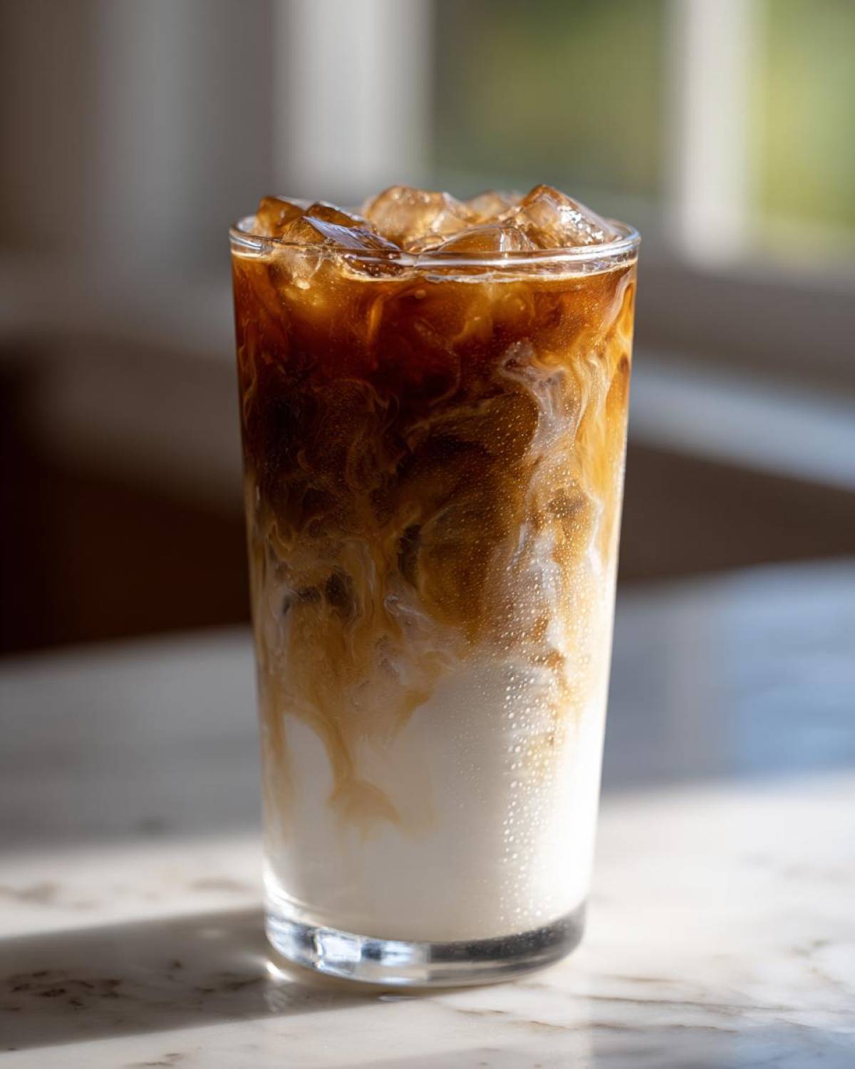 Close-up of an Iced Honey Almond Milk Latte showing swirling layers of dark espresso and white almond milk over ice cubes.