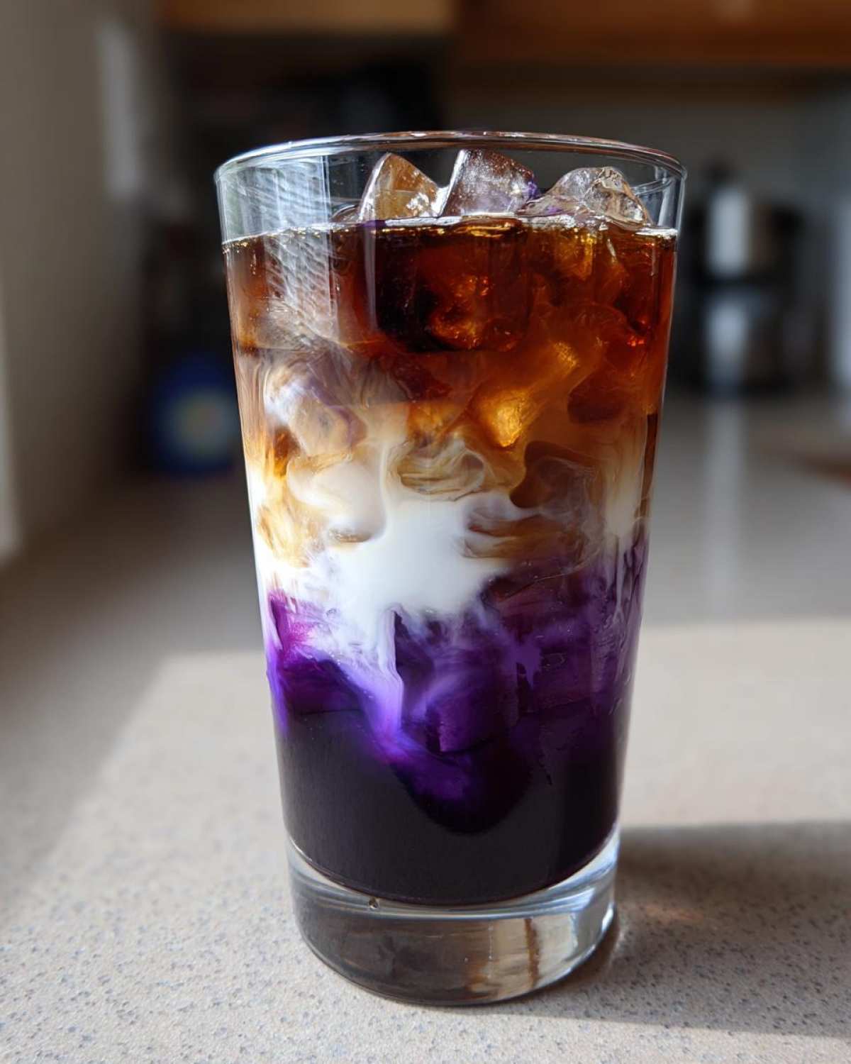 Close-up of a vibrant Iced Lavender Latte showing distinct layers of purple syrup, white milk, and dark coffee over ice.
