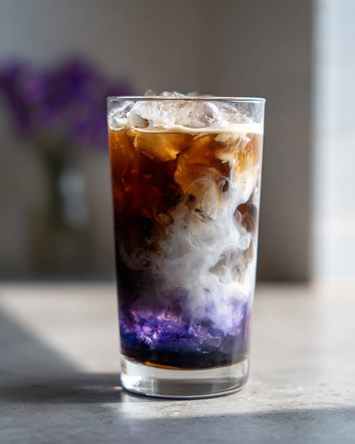 A tall glass of Iced Lavender Latte showing vibrant purple syrup mixing with milk and dark coffee over ice.