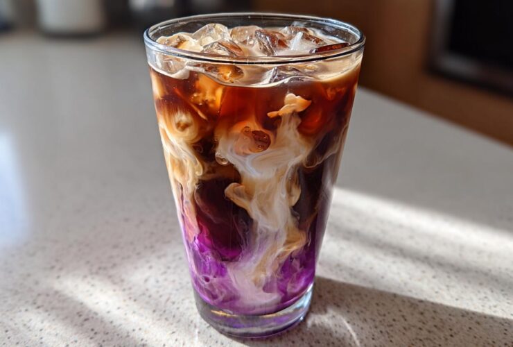 Close-up of a tall glass containing an Iced Lavender Latte with vibrant purple syrup mixing with dark coffee and white cream.