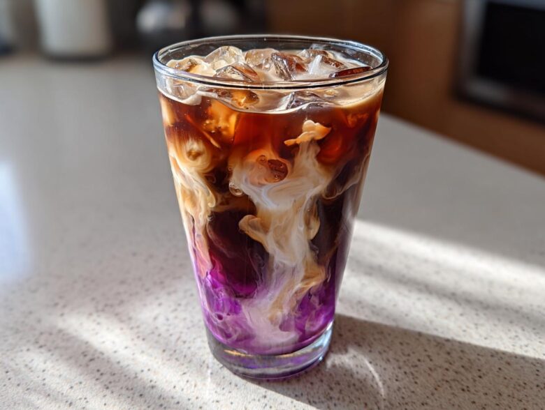 Close-up of a tall glass containing an Iced Lavender Latte with vibrant purple syrup mixing with dark coffee and white cream.
