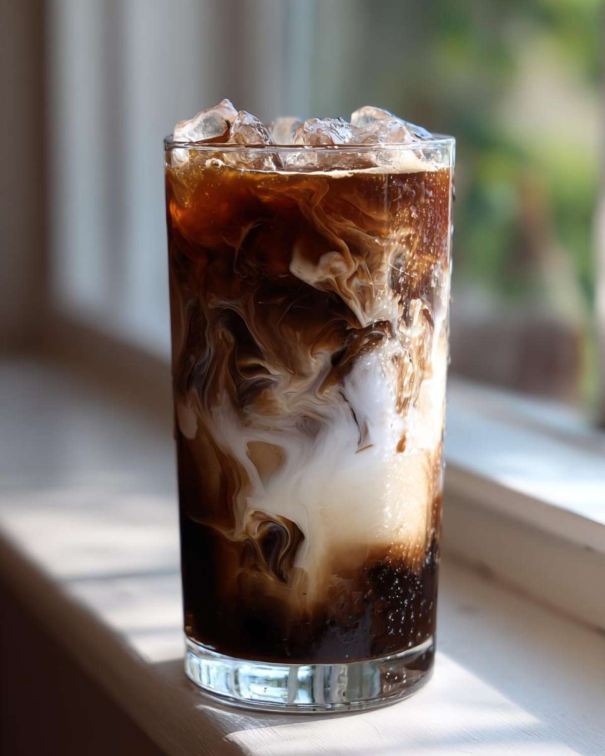 Close-up of a tall glass filled with an Iced Mocha, showing rich dark coffee swirling dramatically with white cream over ice cubes.