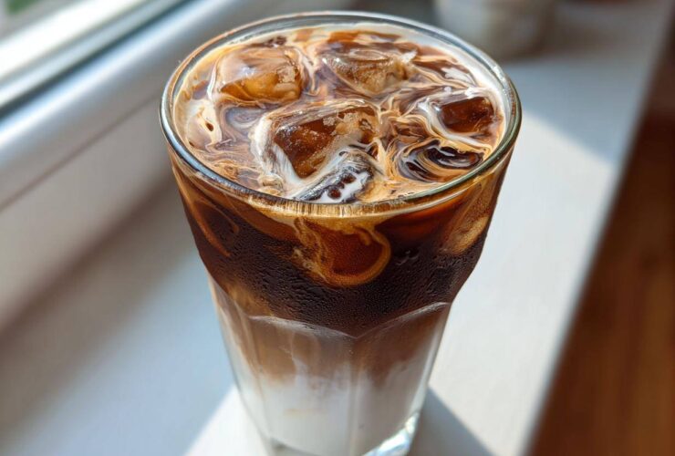 Close-up of a tall glass containing a layered Iced Mocha with ice cubes and swirling cream.