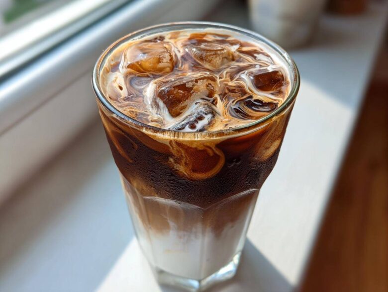 Close-up of a tall glass containing a layered Iced Mocha with ice cubes and swirling cream.
