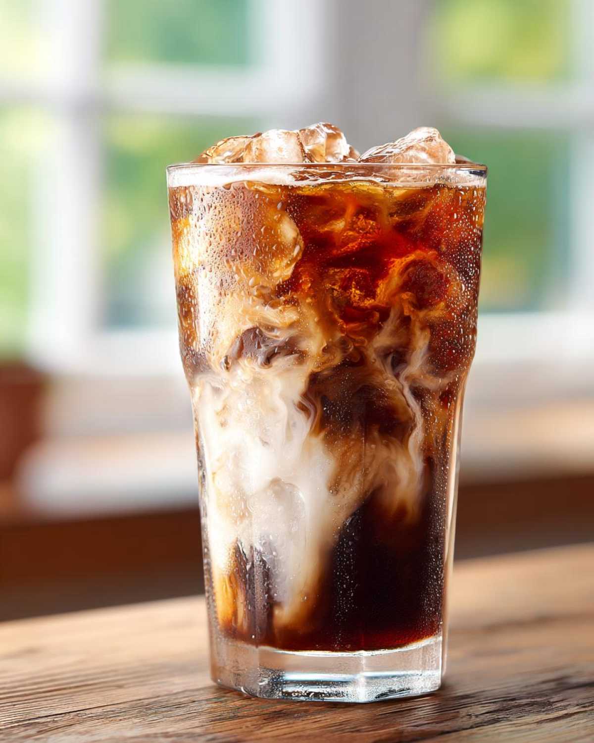 A tall glass of Iced Mocha showing rich dark coffee swirling with white cream over ice cubes.