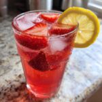 Close-up of a tall, sweating glass filled with Iced Strawberry Lemon Tea, ice, sliced strawberries, and a lemon wheel garnish.