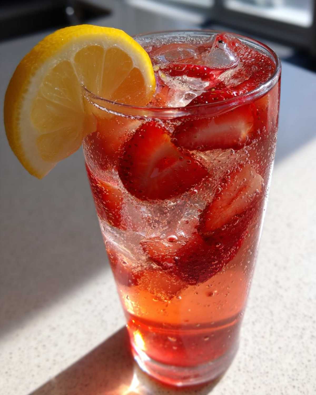 Close-up of a tall glass filled with Iced Strawberry Lemon Tea, ice, sliced strawberries, and a lemon wedge garnish.