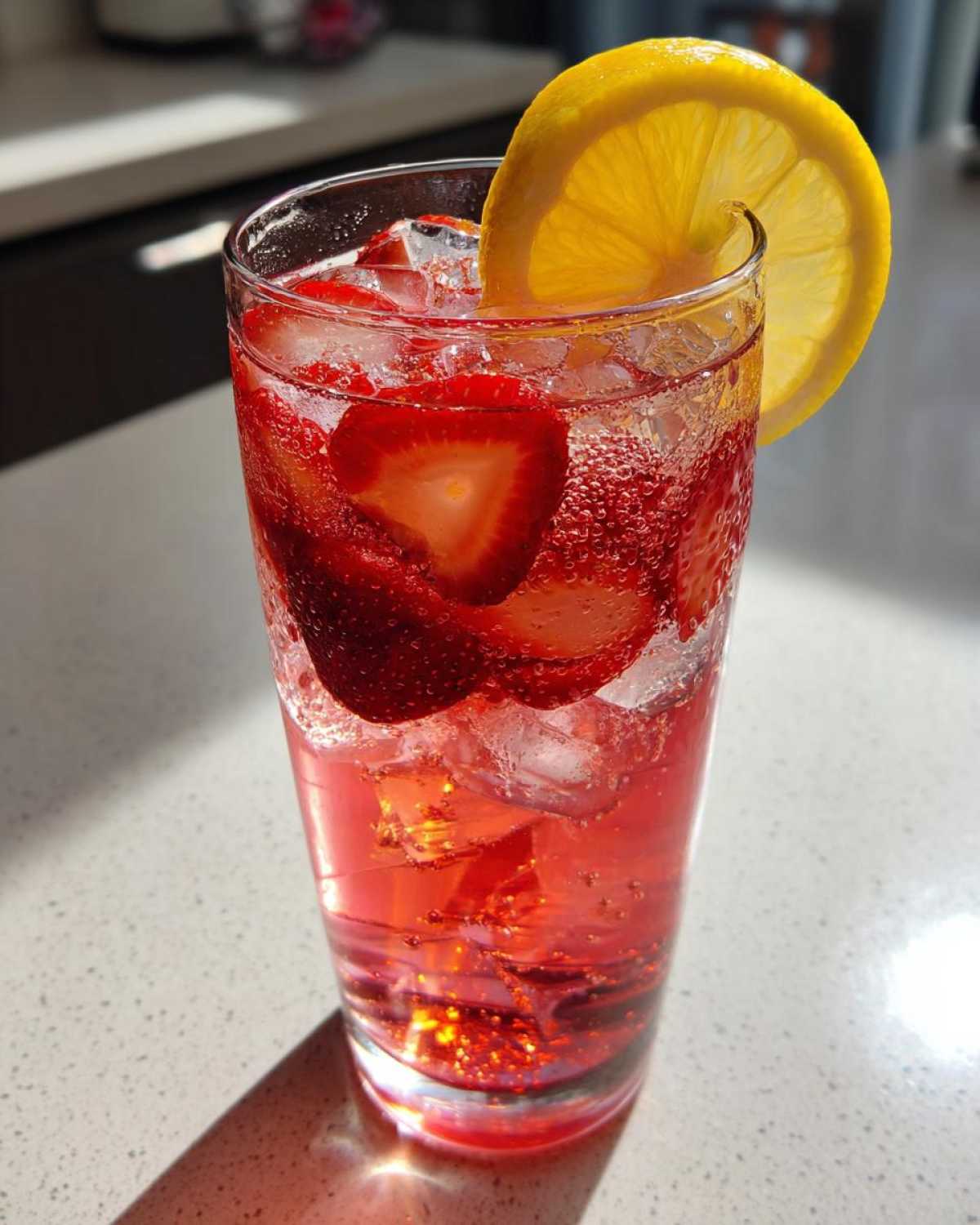 A tall glass filled with bubbly Iced Strawberry Lemon Tea, sliced strawberries, ice, and a lemon wheel garnish.