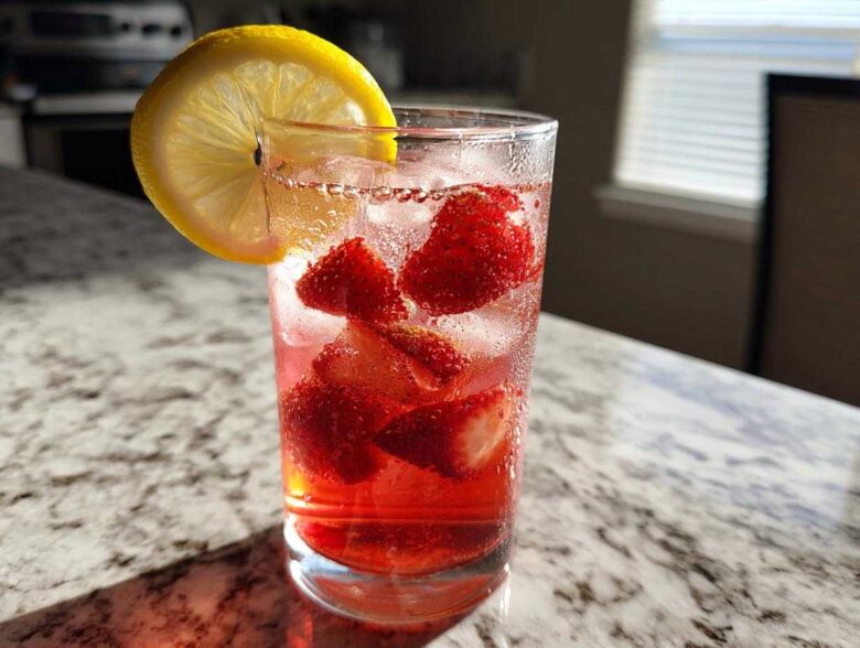 Close-up of Iced Strawberry Lemon Tea with fresh strawberries, ice, and a lemon slice garnish.