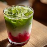 A close-up of a layered Iced Strawberry Matcha Latte with bright red strawberry syrup, white milk, and green matcha on top, filled with ice.
