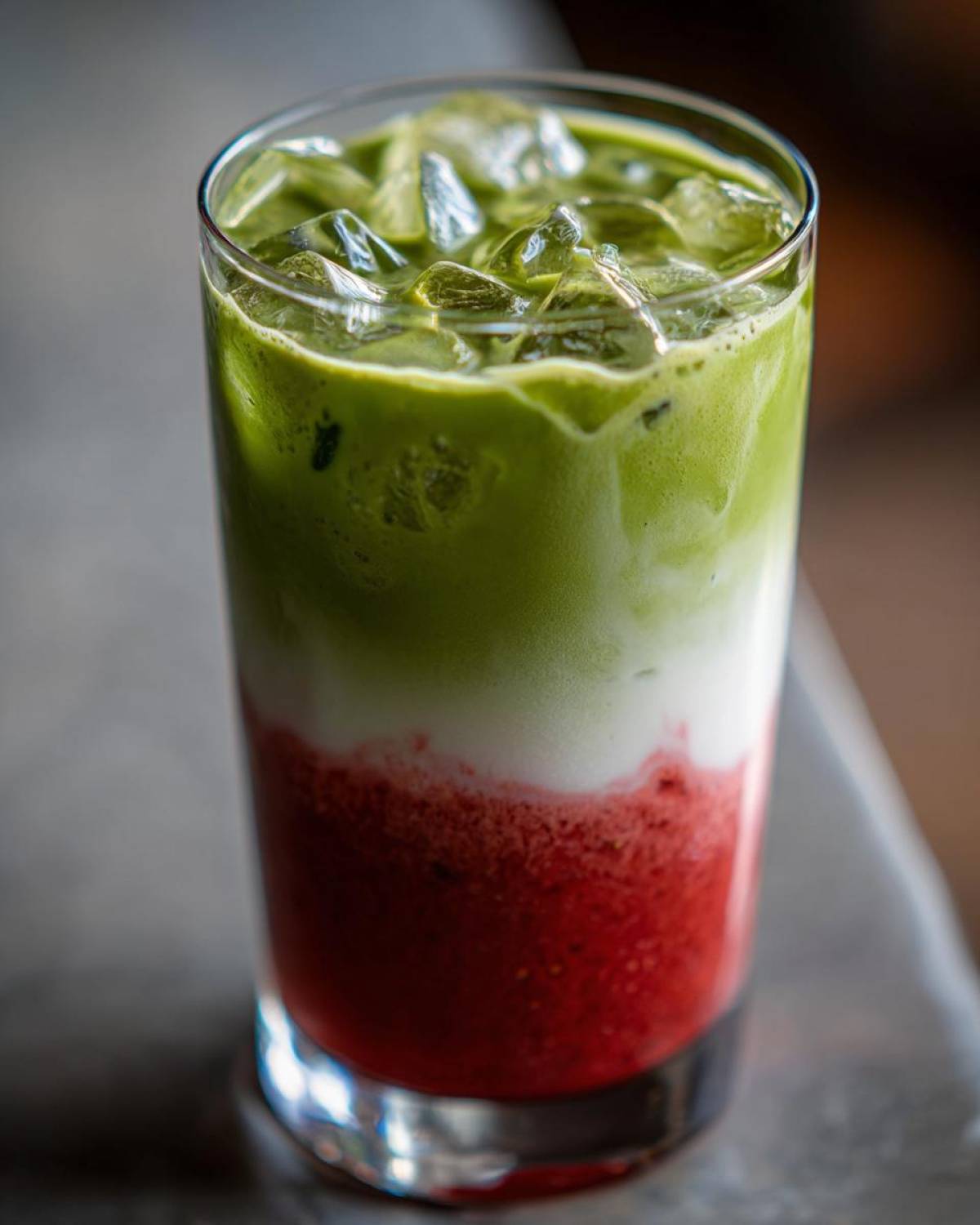 Close-up of a tall glass containing a layered Iced Strawberry Matcha Latte with bright red strawberry puree, white milk, and green matcha.