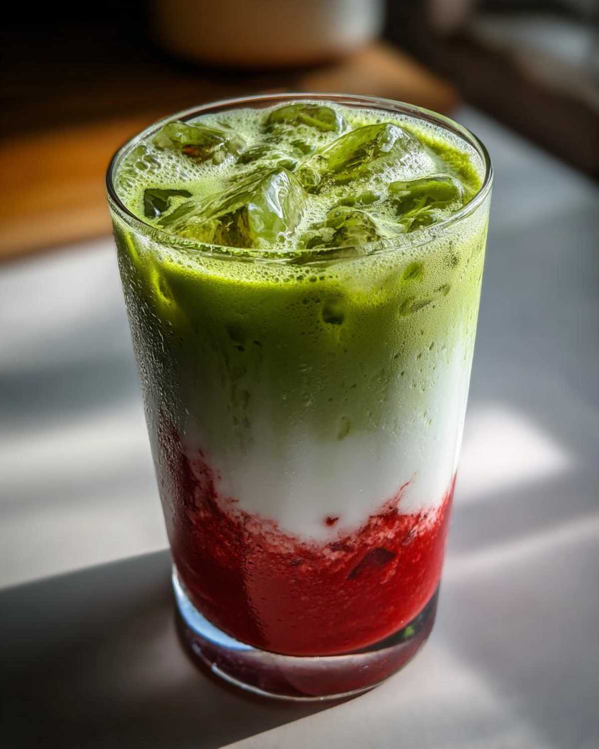 Close-up of a tall glass showing the distinct layers of an Iced Strawberry Matcha Latte: red strawberry puree, white milk, and green matcha.