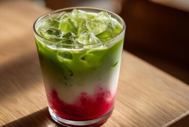 A close-up of a layered Iced Strawberry Matcha Latte with bright red strawberry syrup, white milk, and green matcha on top, filled with ice.