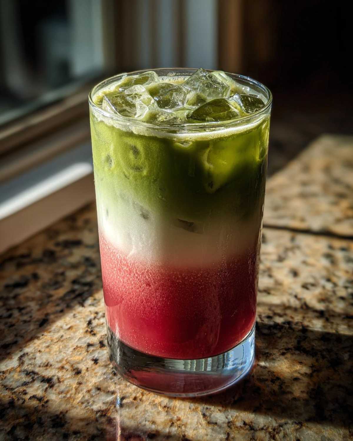 A tall glass showing the distinct layers of an Iced Strawberry Matcha Latte: bright red strawberry puree, white milk, and green matcha tea.