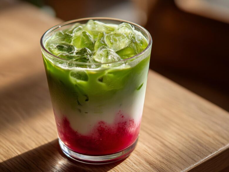 A close-up of a layered Iced Strawberry Matcha Latte with bright red strawberry syrup, white milk, and green matcha on top, filled with ice.