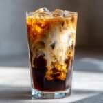 Close-up of a tall glass filled with an Iced Vanilla Chai Latte showing rich swirls of cream mixing into the dark chai concentrate and ice cubes.