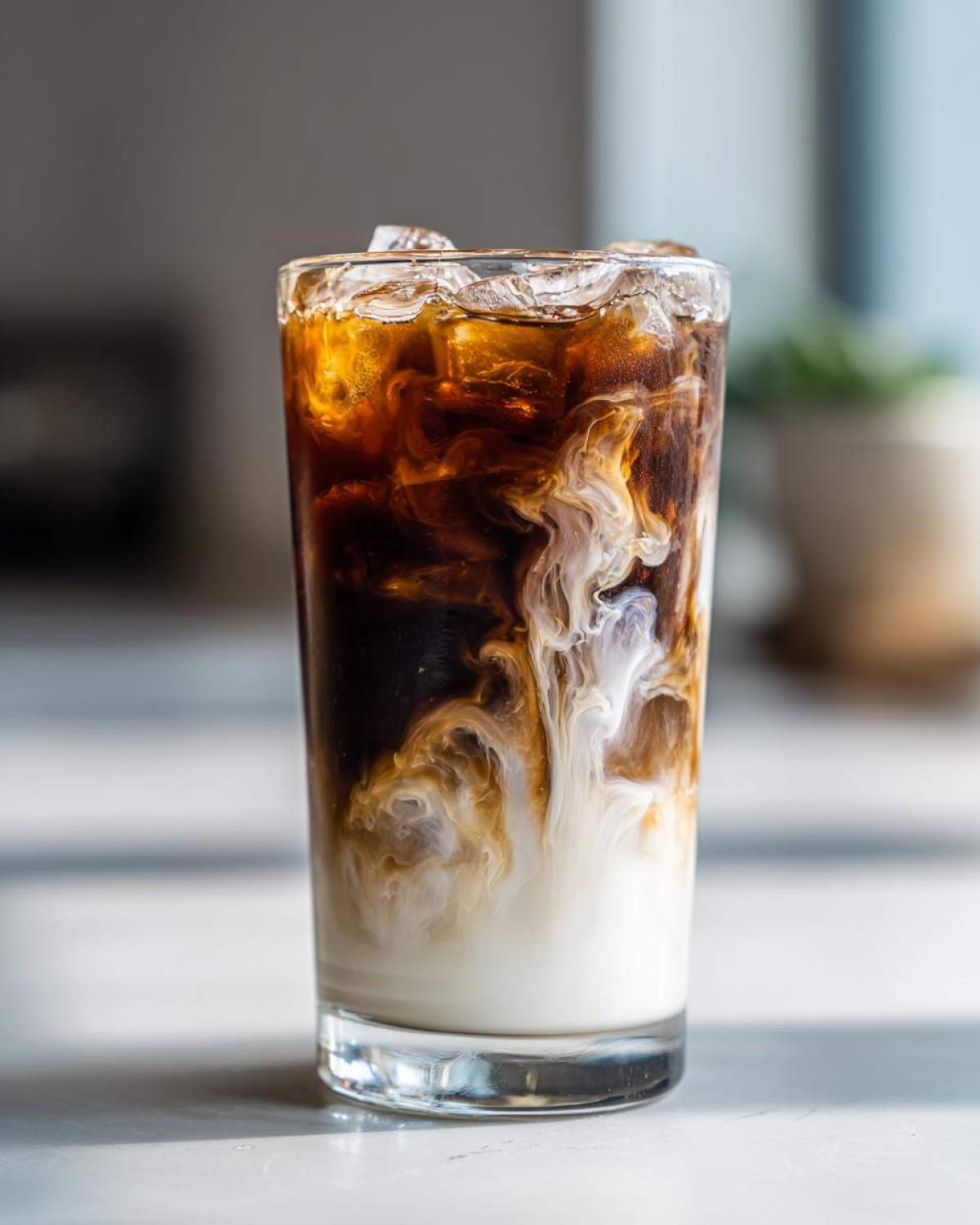 Close-up of an Iced Vanilla Chai Latte in a glass showing rich swirls of milk mixing with the dark chai concentrate and ice.