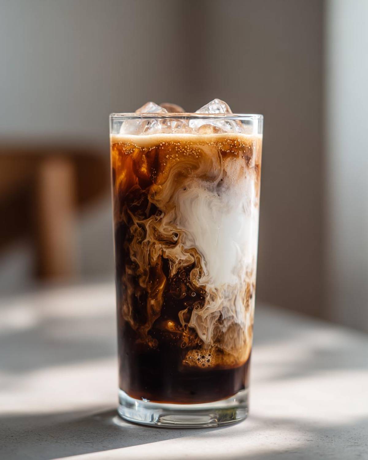 Close-up of an Iced Vanilla Chai Latte showing rich cream swirling into dark chai concentrate over ice.