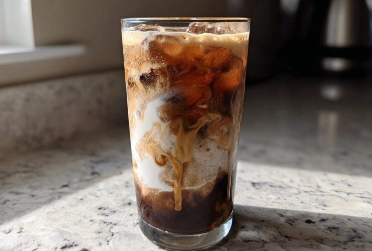 A tall glass filled with an Iced Vanilla Chai Latte showing rich swirls of cream mixing with dark chai concentrate and ice.