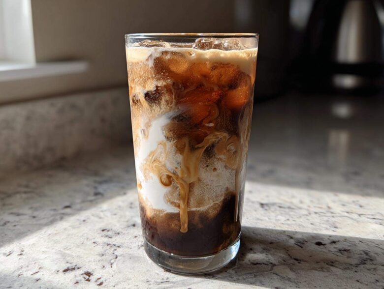 A tall glass filled with an Iced Vanilla Chai Latte showing rich swirls of cream mixing with dark chai concentrate and ice.