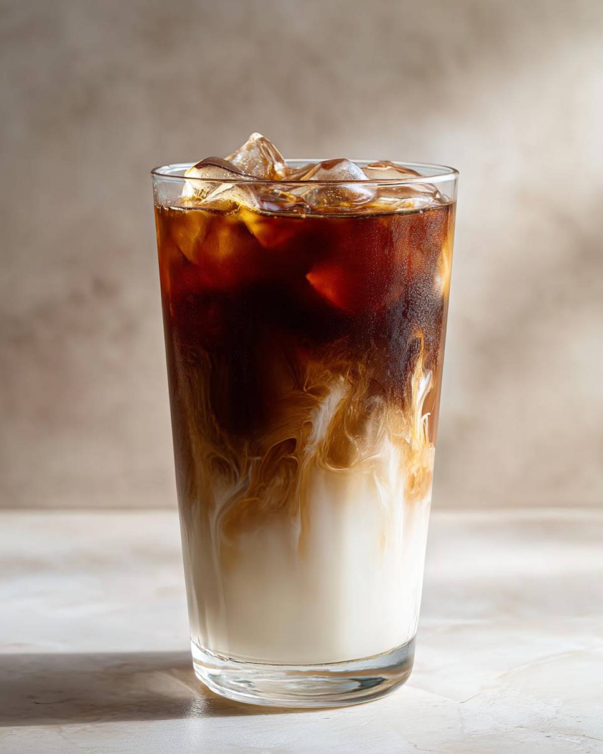 A tall glass of Iced Vanilla Chai Latte showing dark chai concentrate swirling into white milk over ice cubes.