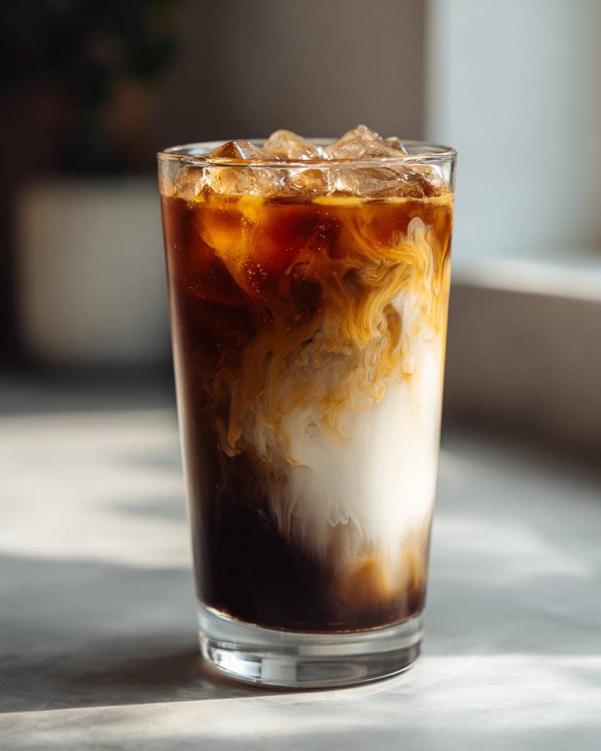 Close-up of an Iced Vanilla Chai Latte showing rich dark liquid swirling beautifully with white milk over ice.